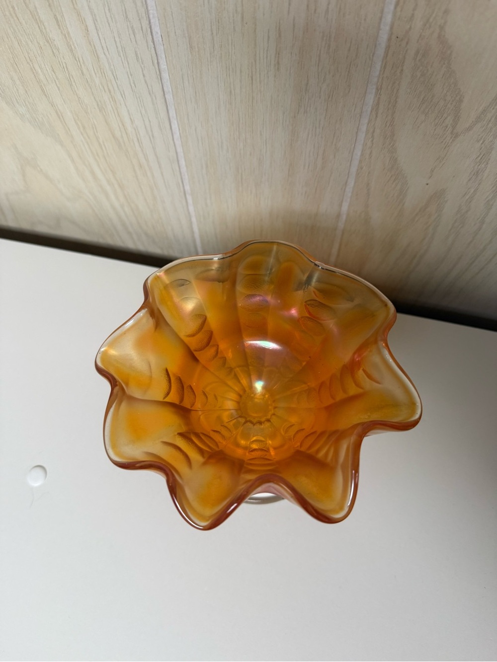 Fenton Amber-Orange Iridescent Ruffled Compote - Picture 2 of 3
